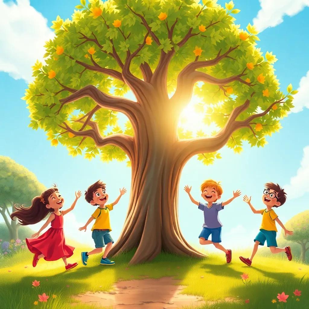 Rachel and her friends dancing in the garden, surrounded by blooming flowers, laughter in the air, festive and fun, bright colors, joyful scene