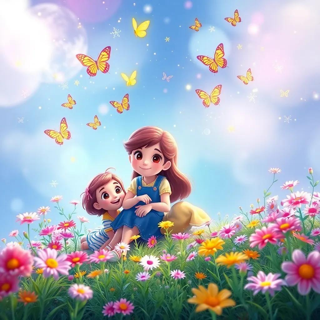 A magical scene of Rachel and her friends dreaming together, imagining their garden in the future, with colorful flowers and butterflies, whimsical background, bright and cheerful