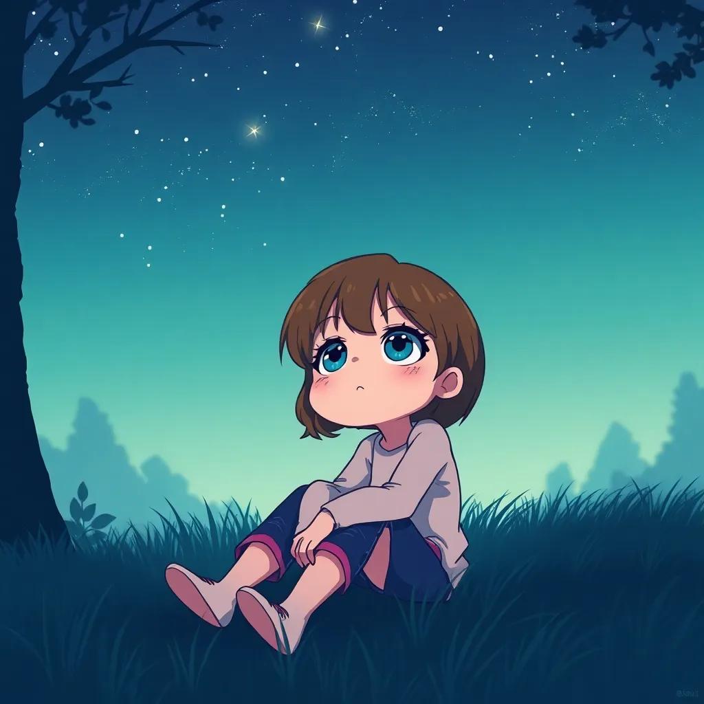 Rachel, a young girl with short brown hair and big blue eyes, sitting on the grass at night, looking up at twinkling stars, with a small tear in her eye, surrounded by shadows of trees, illustration, dreamy, emotional, child-friendly