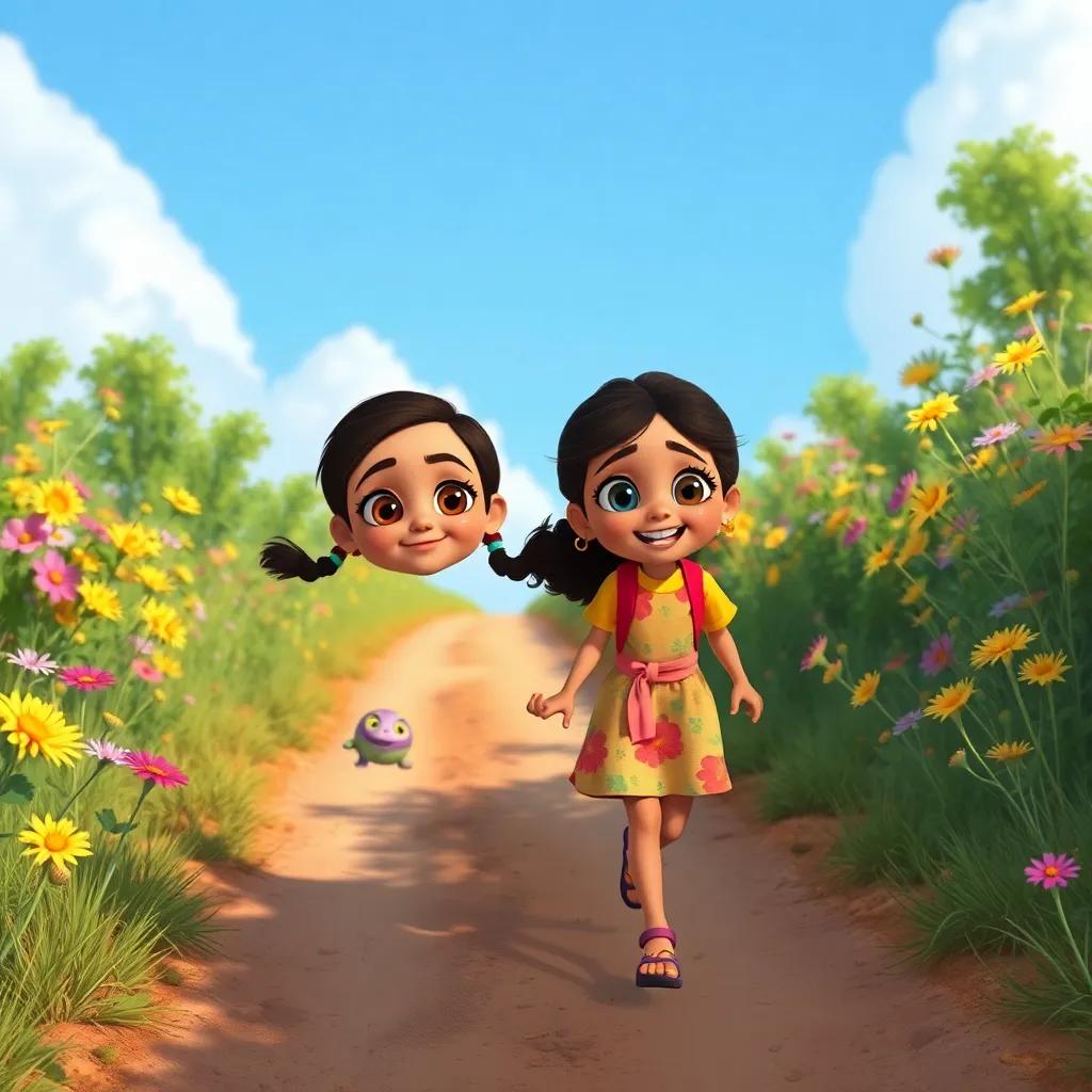 Radha, a curious 10-year-old girl with bright, sparkling eyes and a floral dress, is excitedly walking down a dusty path with her friend Mia, a cheerful girl with curly hair and a colorful shirt, surrounded by vibrant wildflowers, illustration, cheerful, adventure-themed, child-friendly
