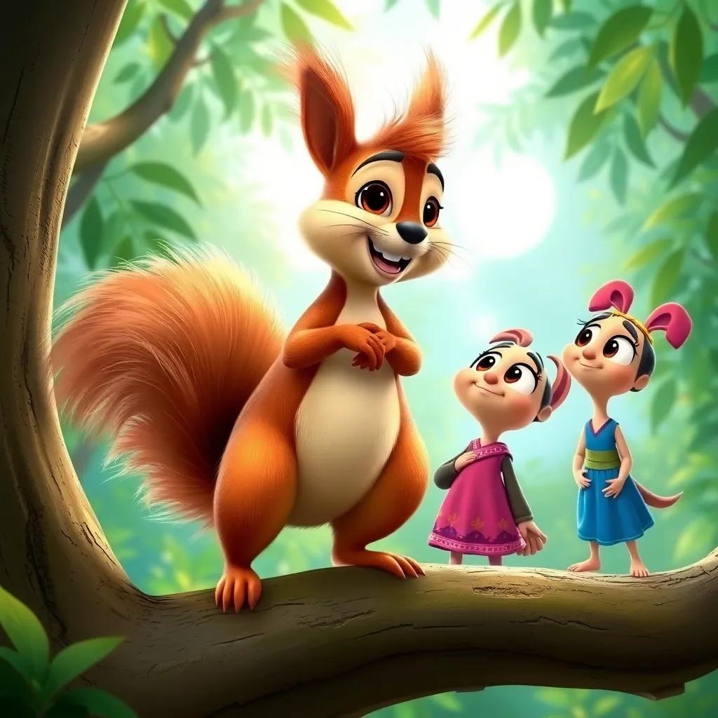 Chester, a talking squirrel with a cheeky smile and fluffy tail, stands on a tree branch, talking to Radha and Mia, who are looking up at him with wide eyes in a lush green forest, whimsical digital art, colorful, inviting atmosphere, high quality