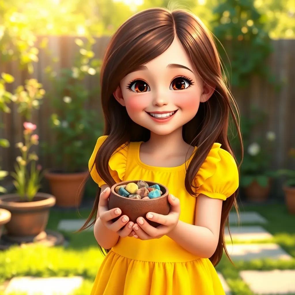 A young Caucasian girl, Raelynn, with long brown hair, wearing a bright yellow dress, joyfully holding a small pot with colorful stones in her hands, smiling in a sunny backyard with greenery and flowers, digital art, cheerful colors, warm sunlight, inviting atmosphere, high quality