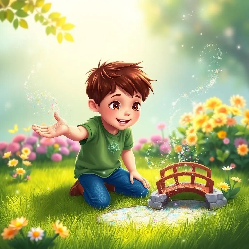 A young boy, Cameron, with short brown hair, wearing blue jeans and a green t-shirt, kneeling on the grass, spreading glittery fairy dust over a garden filled with tiny flowers and a mini bridge, surrounded by sparkles in the air, vibrant illustration, bright colors, magical feeling, child-friendly