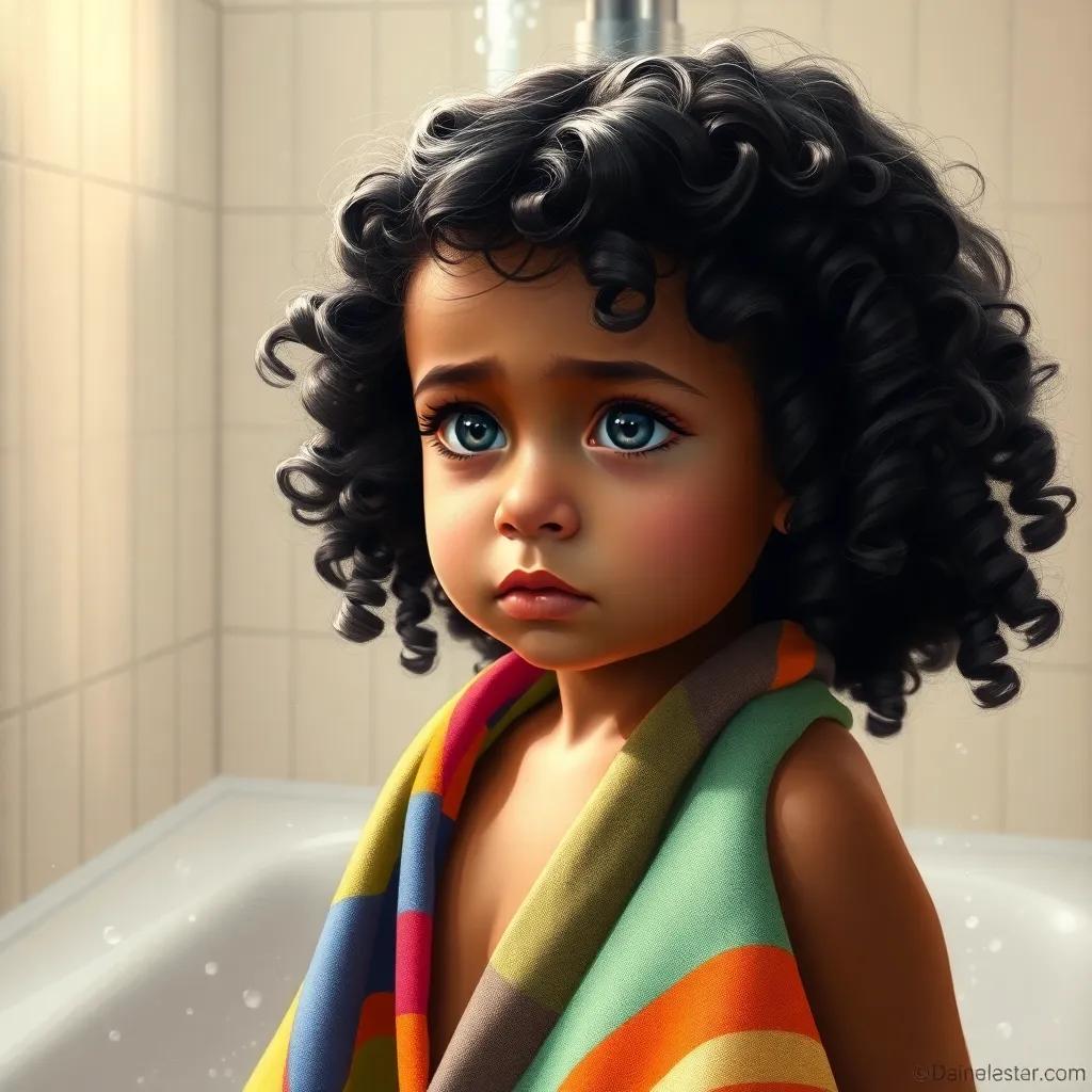 A young girl, Rahmirah, with curly black hair, wearing a colorful striped towel, standing in a bright bathroom with water splashing around her, looking sad but determined, digital art, soft colors, warm light, emotional perspective, heartwarming scene, high quality