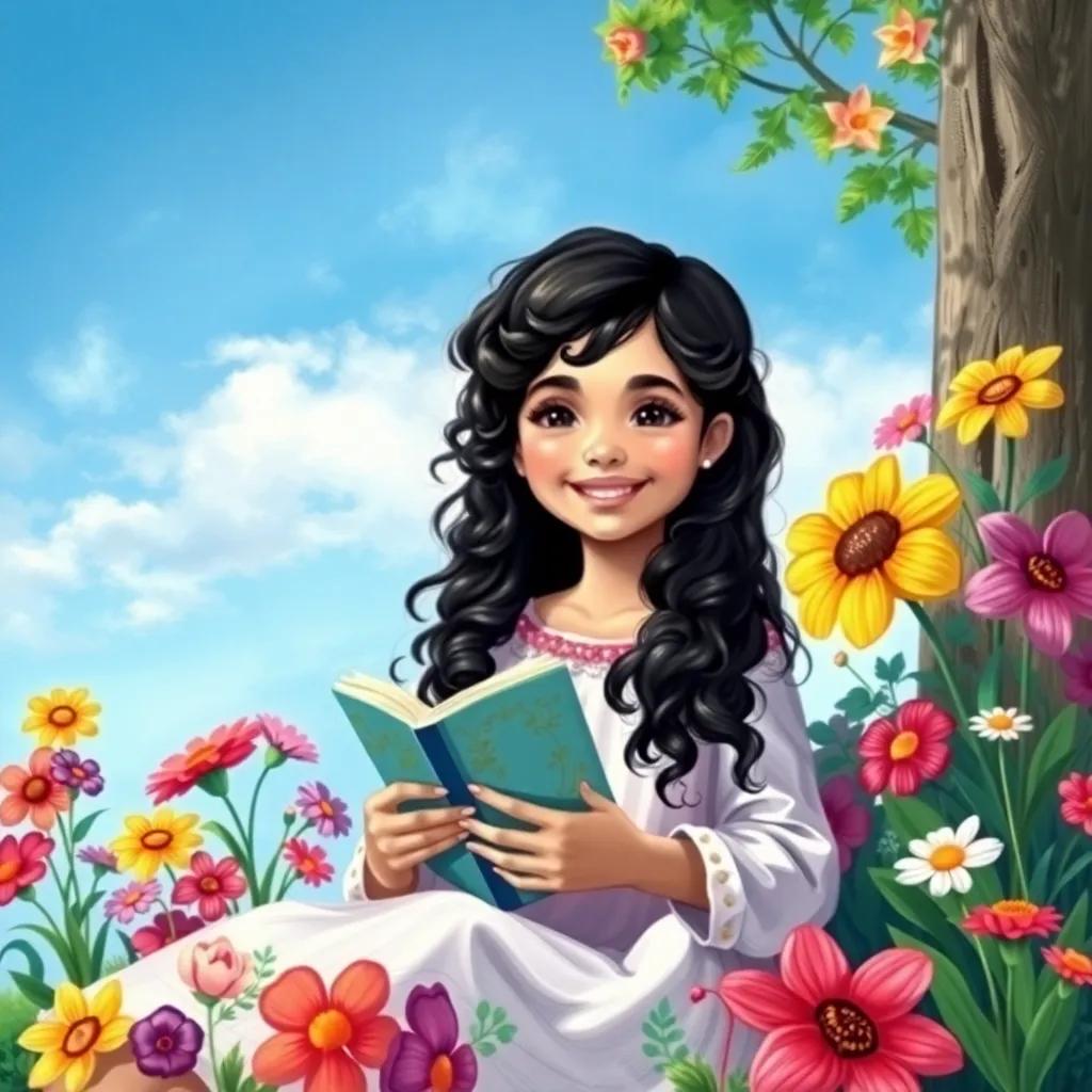 A young girl, Rahmirah, with curly black hair, sitting outside under a clear blue sky, surrounded by colorful flowers she painted, holding a book and smiling, illustration, cheerful atmosphere, vibrant colors, joyful expression, fantasy-inspired, high quality