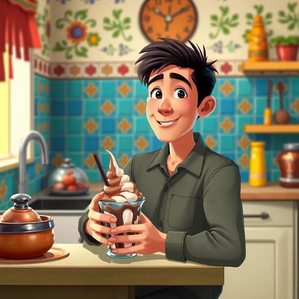 Diego, un joven latino, con cabello castaño, sentado en una cocina acogedora con azulejos coloridos, disfrutando un helado con sabor a chocolate en una cucharita, digital art, bright colors, warm atmosphere, inviting scene, high quality