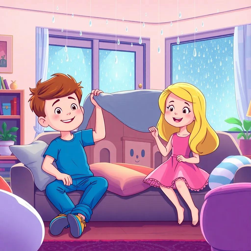 A cozy living room with Peter and his sister Amy, Peter has short brown hair wearing jeans and a blue t-shirt, Amy has long blonde hair wearing a pink dress, building a fort with cushions and blankets, rainy day outside the window, cheerful, child-friendly, digital art, bright colors, inviting atmosphere, high quality