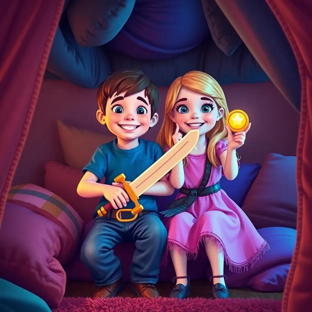 Peter, a young boy with short brown hair in jeans and a blue t-shirt, and Amy, a young girl with long blonde hair in a pink dress, inside their fort made of cushions and blankets, pretending to be pirates, holding a toy sword and a shiny gold coin, bright colors, joyful expressions, child-friendly, adventure-themed