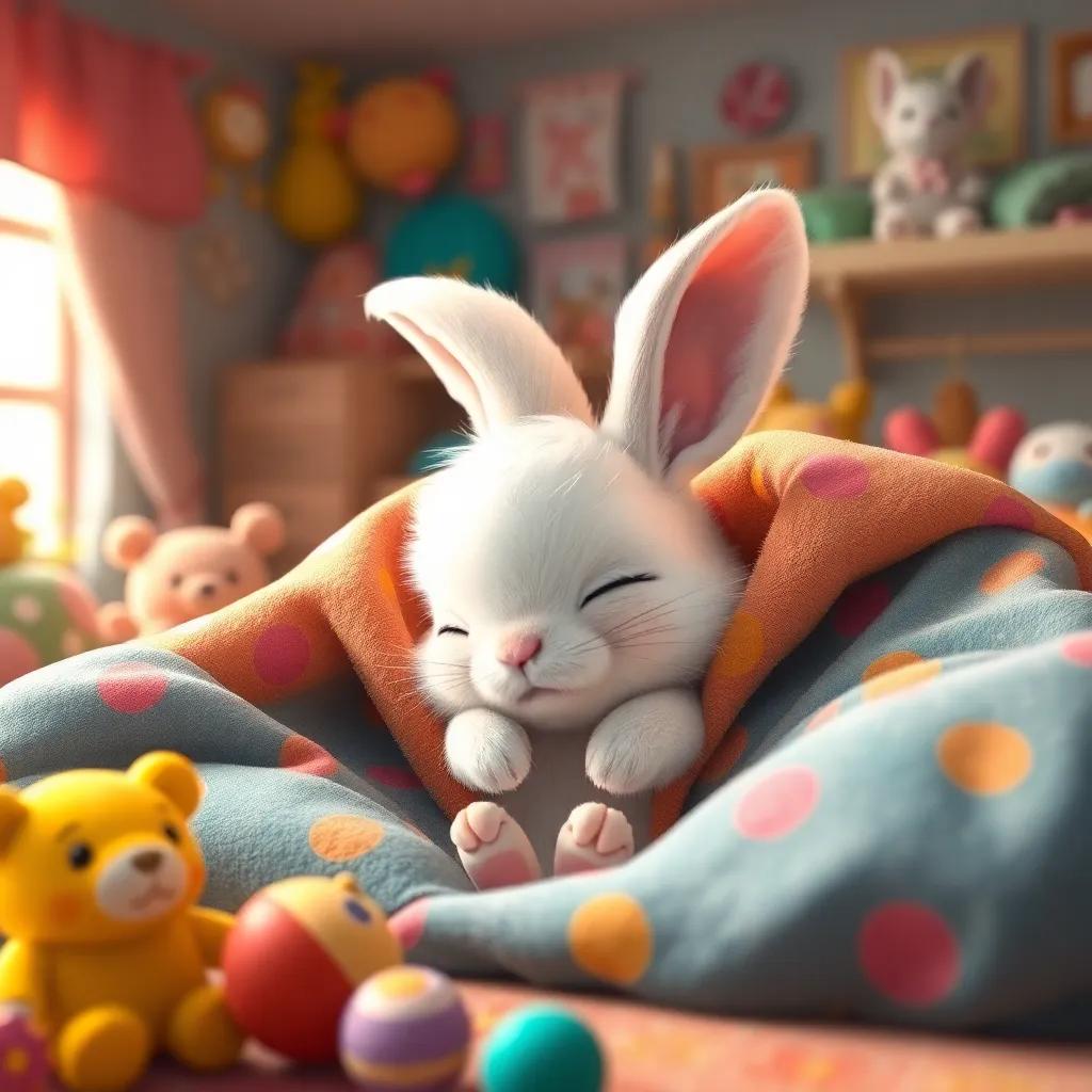 A cute little rabbit, Ramón, with fluffy white fur and big ears, snoozing under colorful blankets in a cozy room filled with toys, digital art, soft light, cheerful colors, inviting atmosphere, high quality