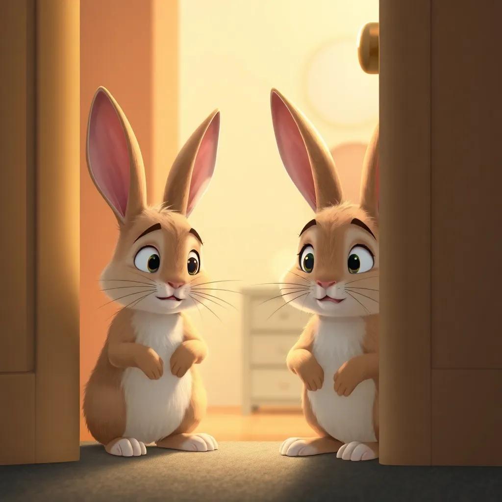 Two other rabbits, Piter and Óscar, with light brown fur and playful expressions, worried faces peering through a door's keyhole, looking into Ramón's room where he is playing, illustration, warm light, vibrant colors, friendly tone, high quality