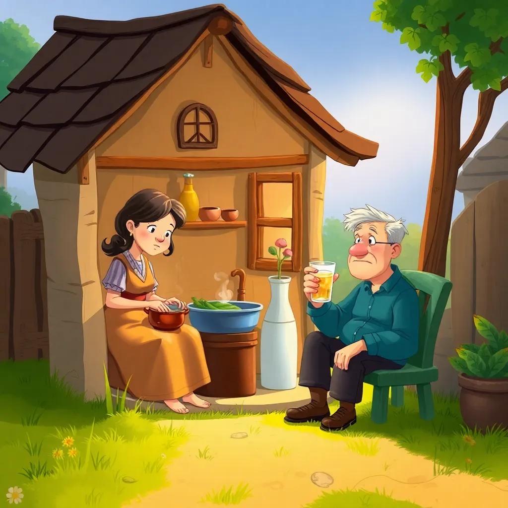 A small house in a village, with a mother cooking and a father sitting, looking tired and holding a drink, simple setting, warm light, vivid colors, heartfelt atmosphere, digital art, detailed, family life