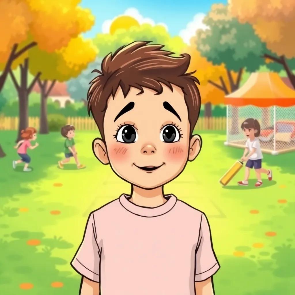 A boy watching other children playing cricket in a sunny park, his face showing excitement and a dream in his eyes, colorful playground setting, bright colors, cheerful mood, illustration, child-friendly, uplifting