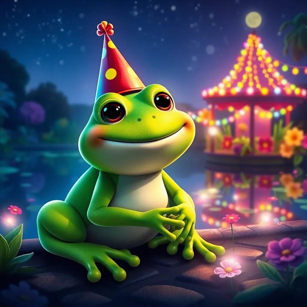 A cheerful green frog, Rana, wearing a little party hat, sitting by a beautiful pond decorated with colorful lights and flowers, night sky, sparkling stars, digital art, vibrant colors, inviting atmosphere, high quality