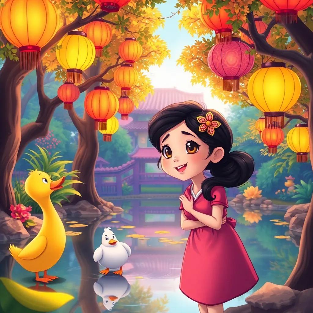 A lively scene of Rana hanging colorful paper lanterns in the trees around the pond, her friend the duck watching in curiosity, bright and cheerful setting, illustration, colorful, engaging, detailed
