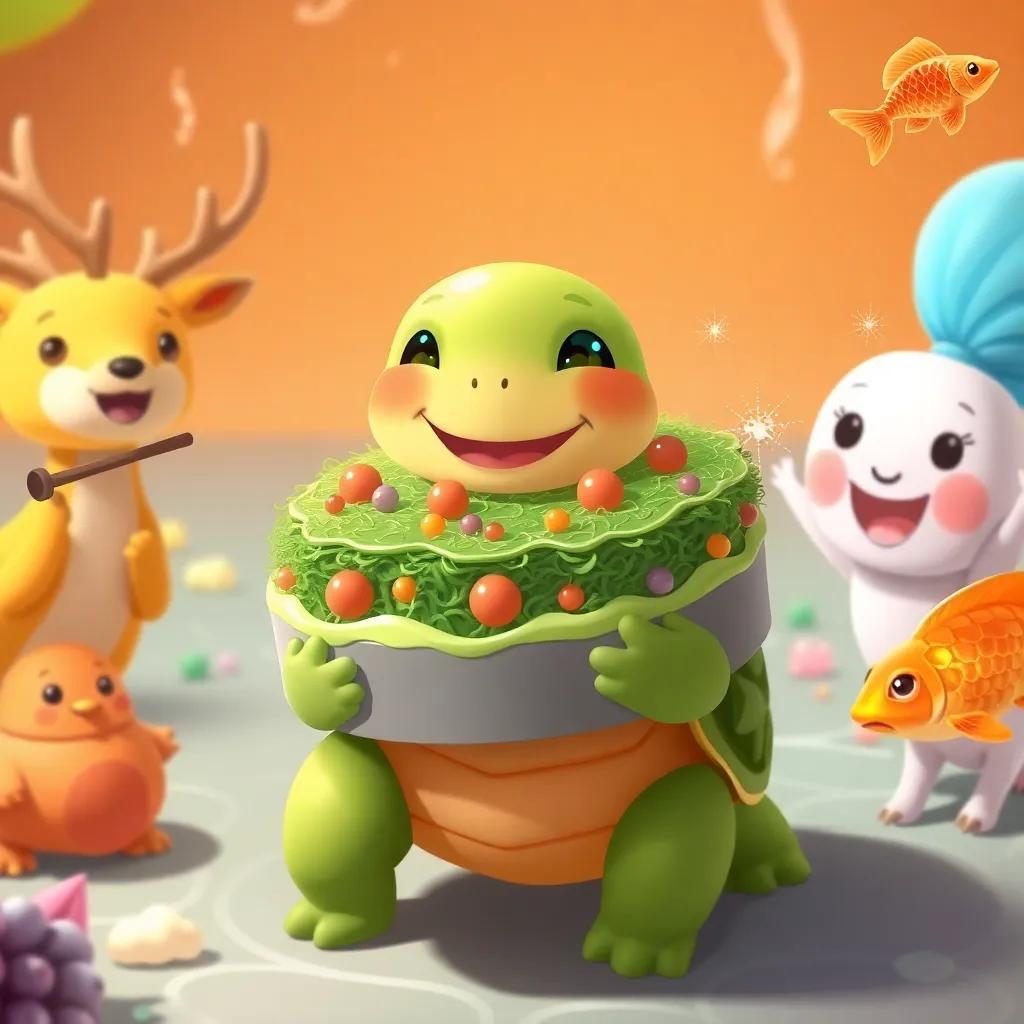 A happy turtle carrying a green seaweed cake, surrounded by excited animals like a deer playing a flute and a sparkling goldfish, joyful atmosphere, illustration, warm colors, festive, friendly