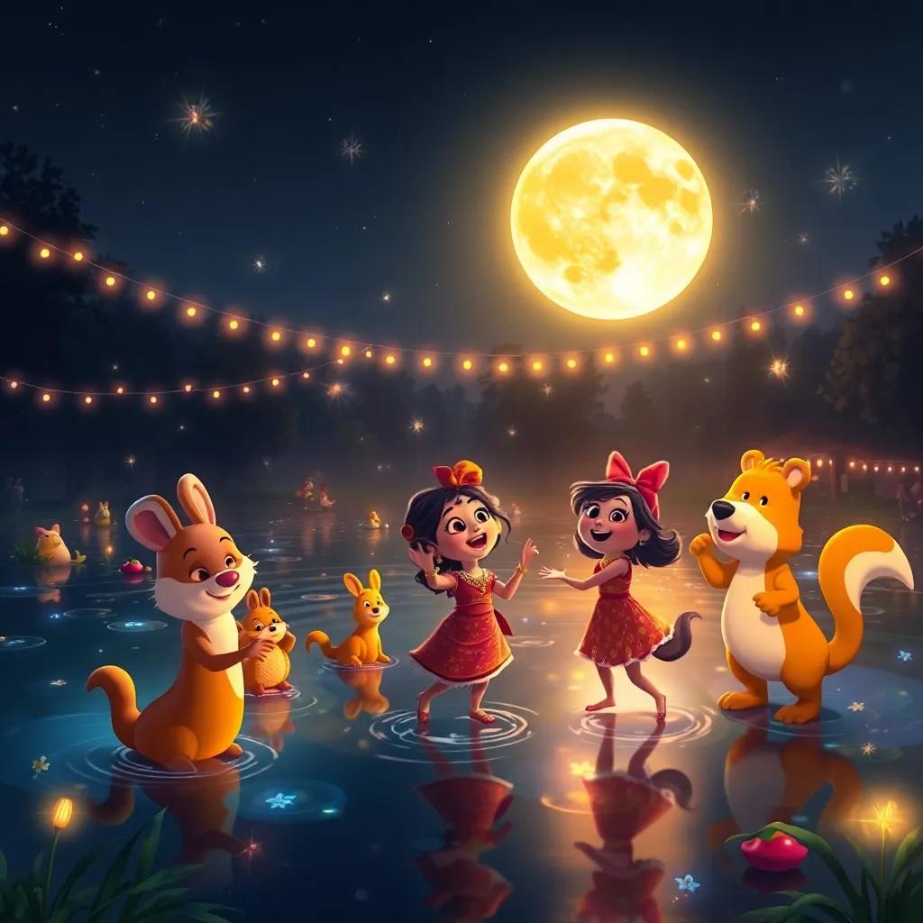 Nighttime at the pond with dazzling lights shining everywhere, Rana and her animal friends dancing and enjoying the festival, a big glowing moon in the sky, lively and cheerful, digital painting, high quality, colorful