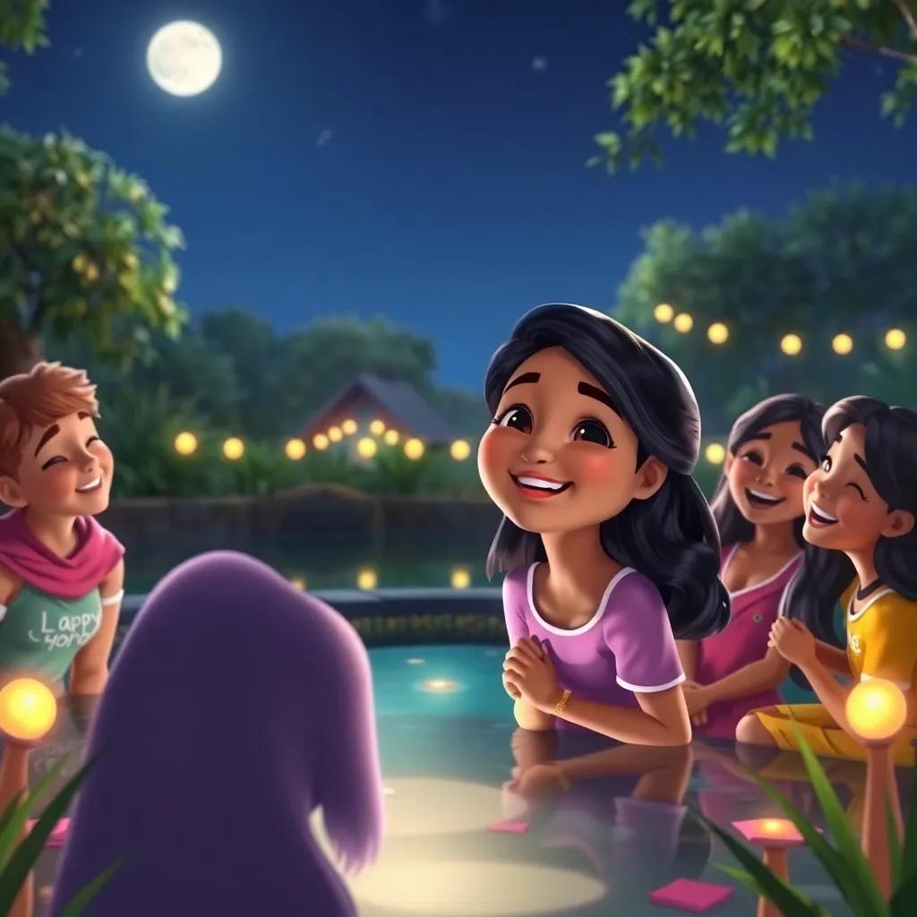 Rana looking joyful with her friends gathered around the pond, laughing and celebrating under the moonlight, decorated pond with lights, heartwarming scene, bright colors, uplifting imagery