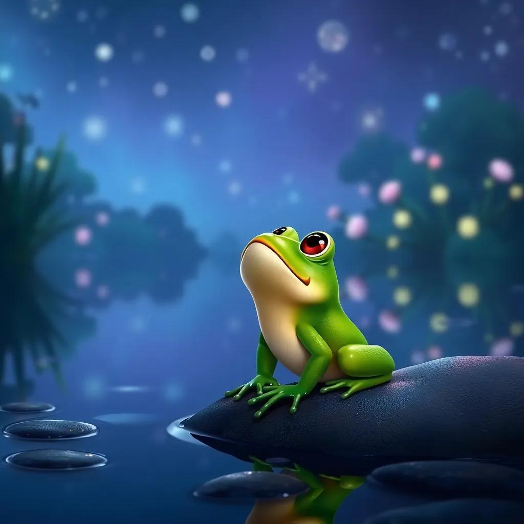A small green frog, Rana, looking up at the stars by a beautiful pond with reflections of light, digital art, serene night colors, whimsical atmosphere, high quality