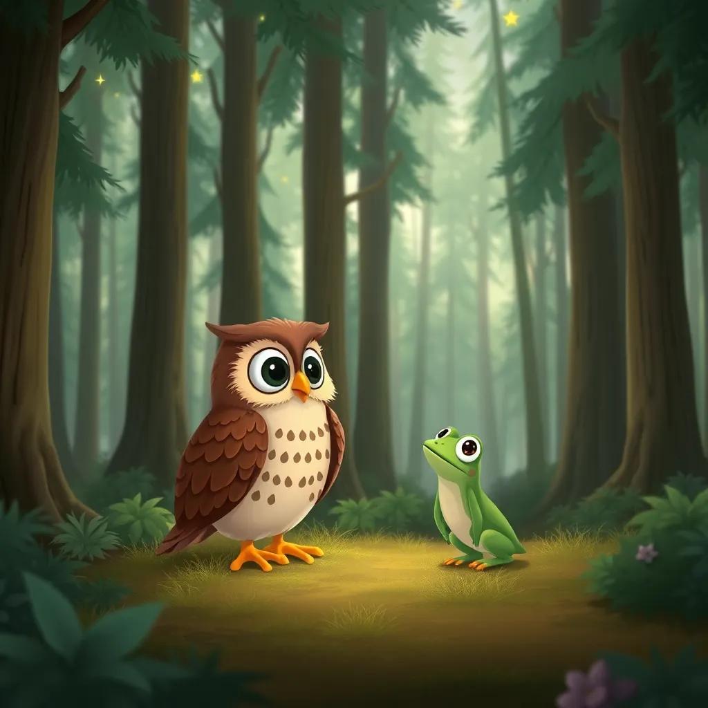 A wise owl talking to Rana, the small green frog, in a forest filled with tall trees and twinkling stars, illustration, friendly atmosphere, magical scenery