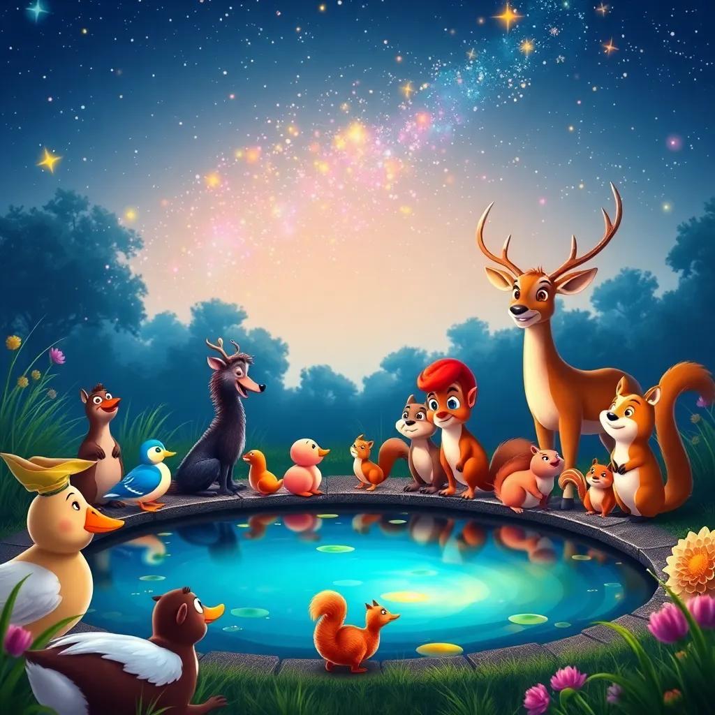 All the animal friends of Rana gathering around the pond, including ducks, squirrels, and a curious deer, under a sky full of stars and glowing lights, vibrant colors, joyful environment, high quality