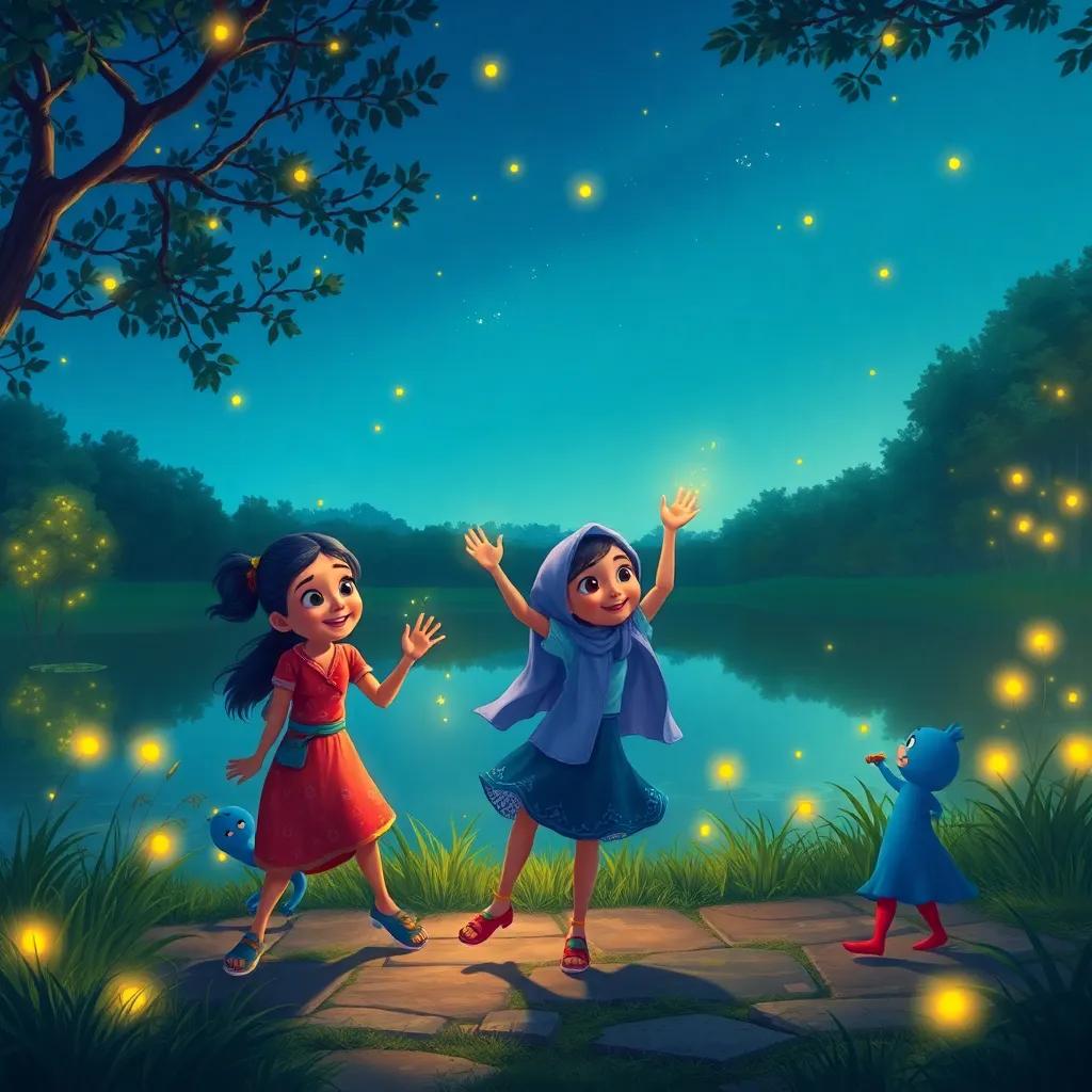 Rana and her friends dancing and playing games near the pond, with twinkling fireflies illuminating the night, cheerful scene, fun and energetic, digital painting