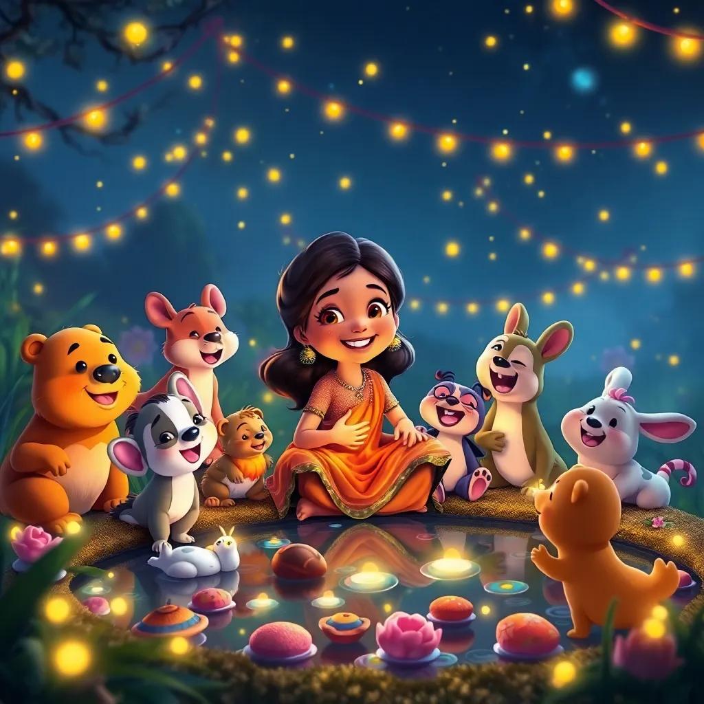 Rana, with all her animal friends enjoying the festival, surrounded by a pond glowing brightly with fireflies, filled with joy and laughter under the night sky, vibrant colors, heartwarming scene, high quality