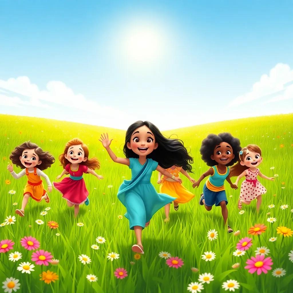 Rani and her friends, a group of diverse children, running through a lush green field with wildflowers, the sun shining brightly above, laughter in the air, playful and fun scene, cartoonish style, bright colors, whimsical