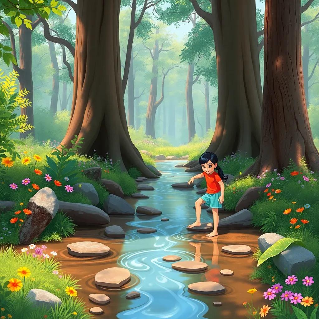 A gentle stream flowing through the woods, with Rani sticking her feet in the cool water, surrounded by big trees and colorful flowers, kids playing, peaceful nature scene, bright and inviting colors, illustration style