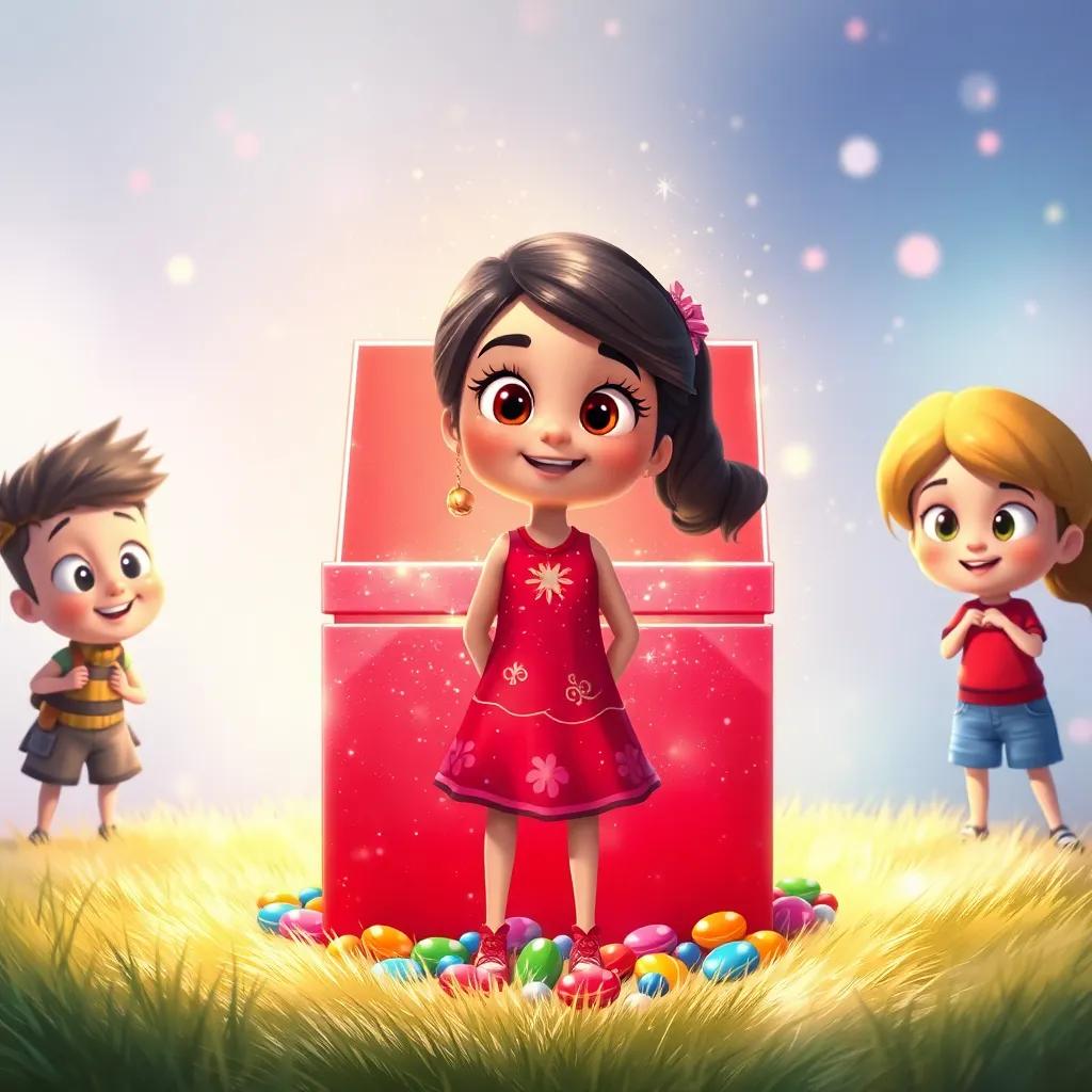 Rani standing on soft grass in front of a gleaming red treasure box covered in sparkles, her friends gathered around with wide eyes, colorful candies spilling out, enchanting and magical aura, bright and cheerful, illustration