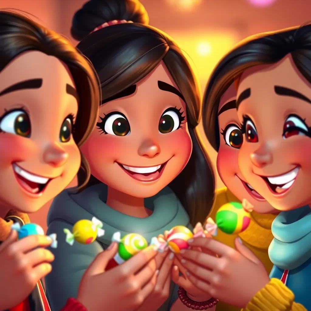 A close-up of Rani and her friends sharing colorful candies, smiles on their faces, with shiny wrappers glimmering in the light, warm colors, joyful and friendly atmosphere, cartoon illustration