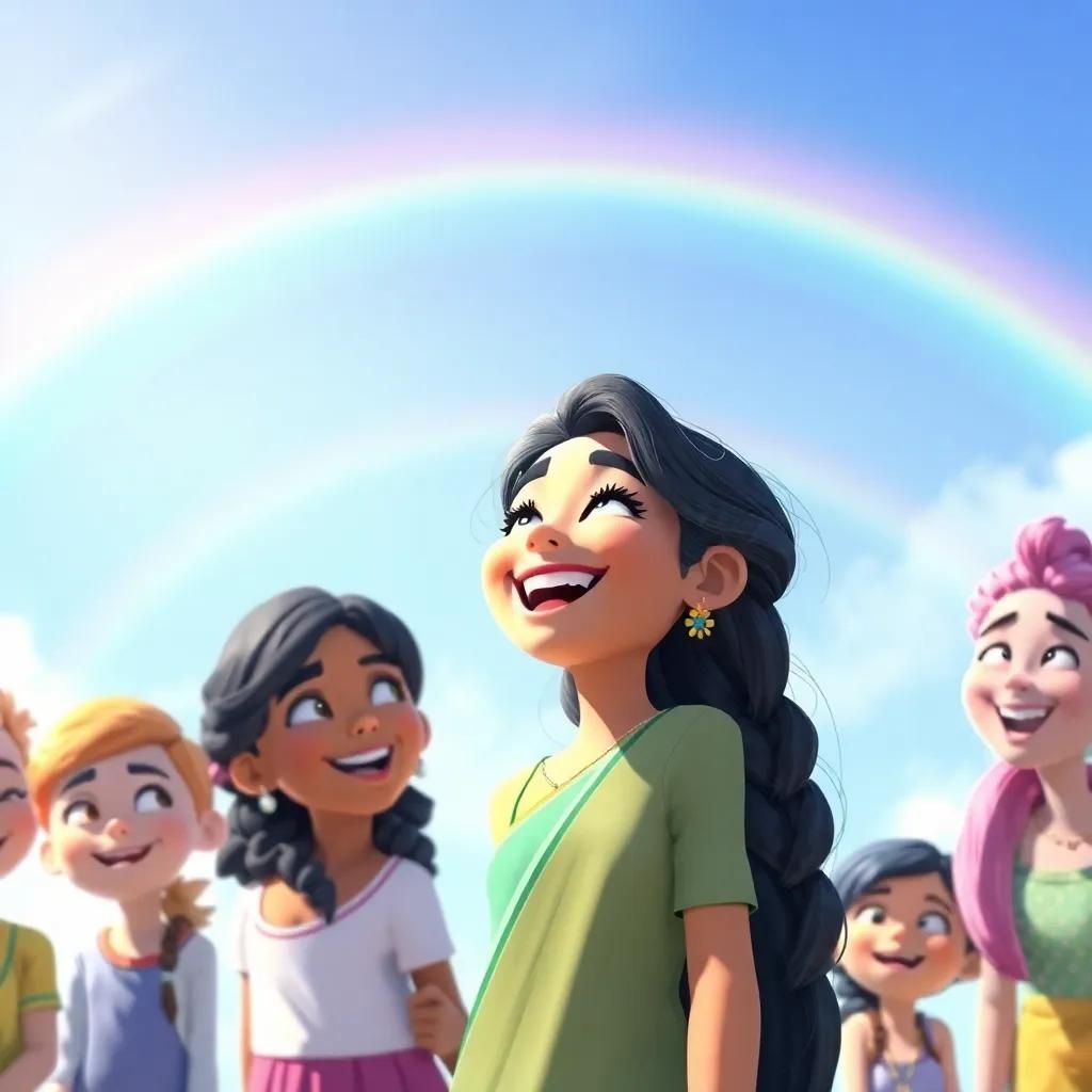 Rani, laughing, with a rainbow in the background, surrounded by her friends under a clear blue sky, a feeling of friendship and adventure, light-hearted and fun, vibrant and colorful, digital art