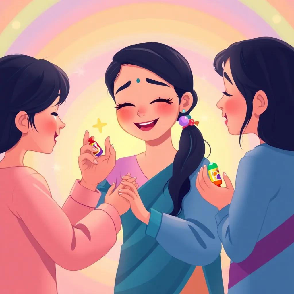 Rani making a wish with her friends, eyes closed, hands together, colorful candies in their hands, a soft rainbow backdrop, warm and happy feeling, cheerful scene, illustration