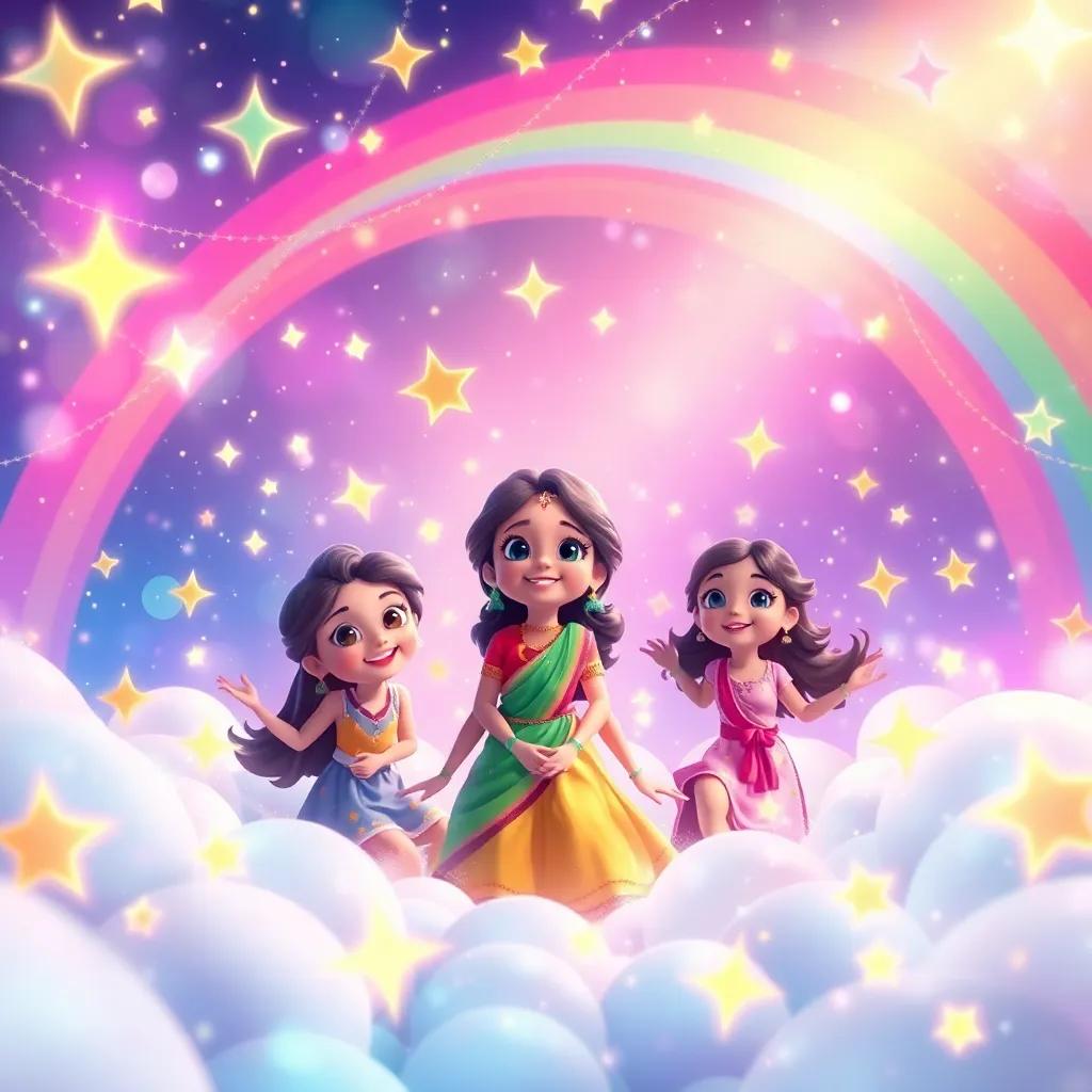 A magical dream scene with Rani and her friends being surrounded by stars and rainbows, sparkling decorations, filled with joy and wonder, fantastical style, bright colors, enchanting atmosphere