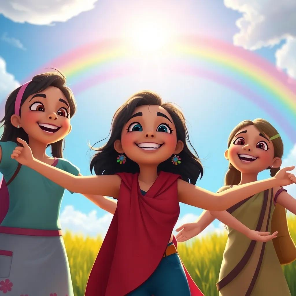Rani and her friends smiling and looking towards a bright rainbow with open arms, embodying happiness and friendship, colorful sky, shining sun, cheerful imagery, digital illustration