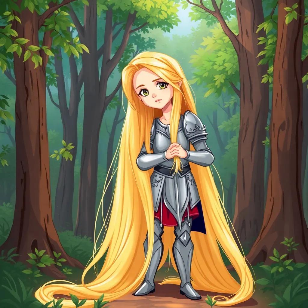 A brave knight, Rapunzel, with long shiny blonde hair flowing down, wearing a shining armor, standing in a beautiful forest, struggling to hold her hair, digital art, vibrant colors, cheerful atmosphere, high quality
