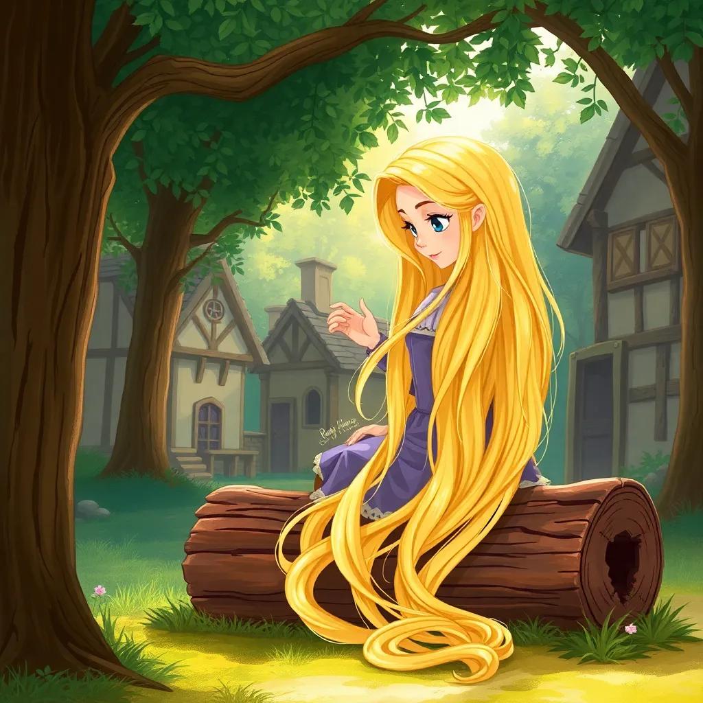 Rapunzel, a brave knight, with shimmering blonde hair, sitting on a log in the village, looking at her tangled hair, sunlight shining through the trees, illustration, warm colors, thoughtful mood, nice perspective