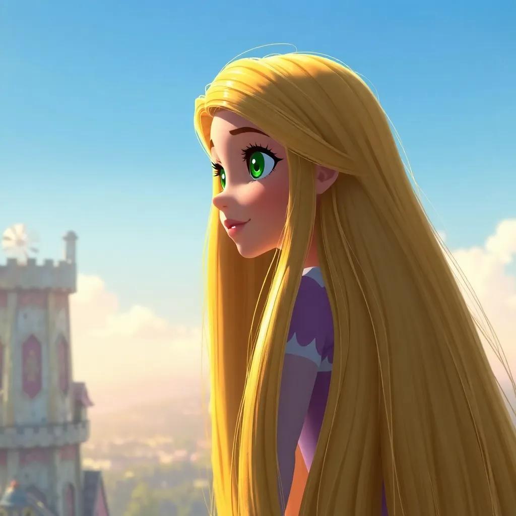 A girl named Rapunzel with long, shiny golden hair looking out from a tall tower, her face filled with longing and dreaminess, digital art, bright colors, inviting atmosphere, high quality