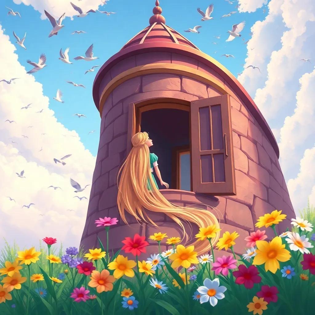 Rapunzel standing by the window of her tower, looking at a beautiful sky filled with birds, her hair flowing down, colorful flowers in the foreground, illustration, cheerful, vibrant, high quality