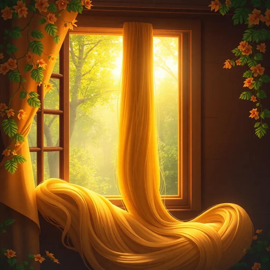 Rapunzel's golden hair falling down from her window like a river, with a backdrop of a magical forest and sunlight peeking through the leaves, digital painting, warm colors, enchanting ambiance, high quality