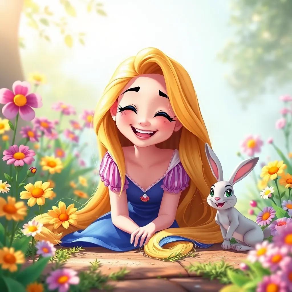 A smiling Rapunzel on the ground, surrounded by colorful flowers and a playful little rabbit, joy and excitement on her face, illustration, bright, playful atmosphere, high quality