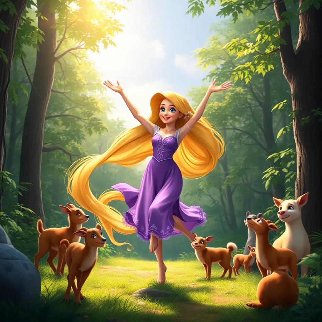 Rapunzel dancing happily in the forest with animals around her, her golden hair glowing in the sunlight, showcasing her newfound bravery, digital art, vibrant colors, capturing joy, high quality