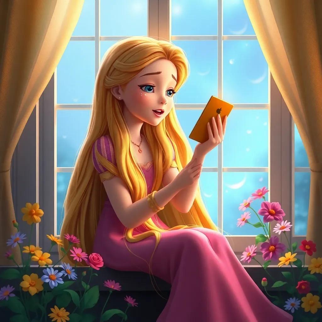 Rapunzel, a young girl with long golden hair, sitting by a window singing sweet songs, tears glistening like pearls, colorful flowers around her, serene setting, soft light, enchanting mood, high quality