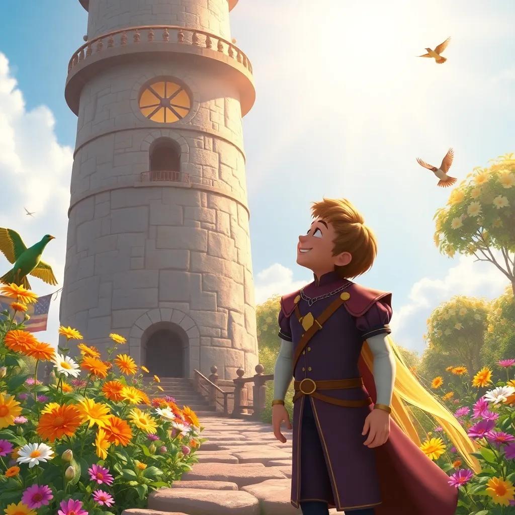 A brave prince with a kind smile approaching the tower, listening to Rapunzel's song, surrounded by birds and colorful flowers, warm sunlight shining down, hopeful scene, bright colors, high quality