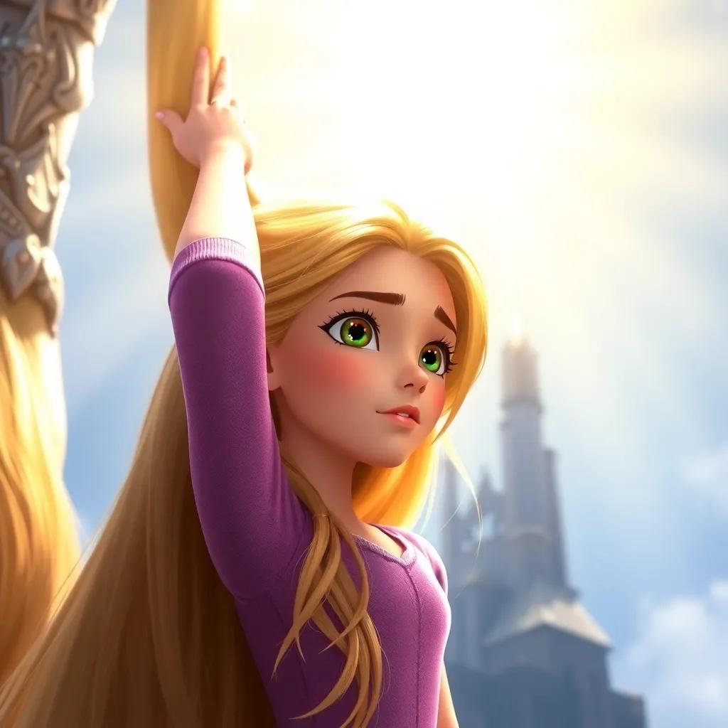 Rapunzel, a young girl with long golden hair, looking determined as she lowers her hair, the prince climbing up, bright sunlight shining from above, magical moment, vibrant colors, uplifting, high quality