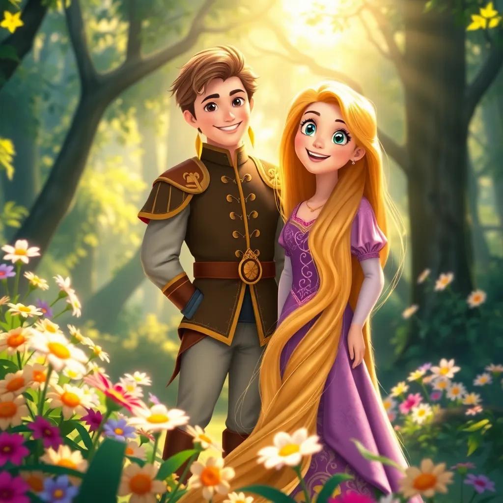 Rapunzel, a young girl with long golden hair and the prince standing together, smiling in a sunlit forest, vibrant flowers blooming around them, a feeling of freedom and adventure, cheerful atmosphere, high quality