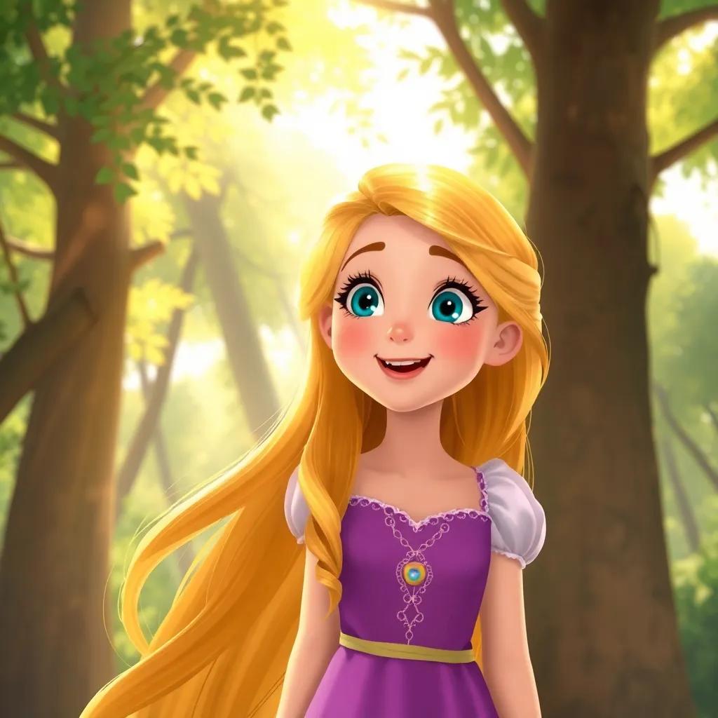 Rapunzel, a young girl with long golden hair, confidently planning her escape with the prince, surrounded by sunlight filtering through trees, excited expressions, warm colors, high quality
