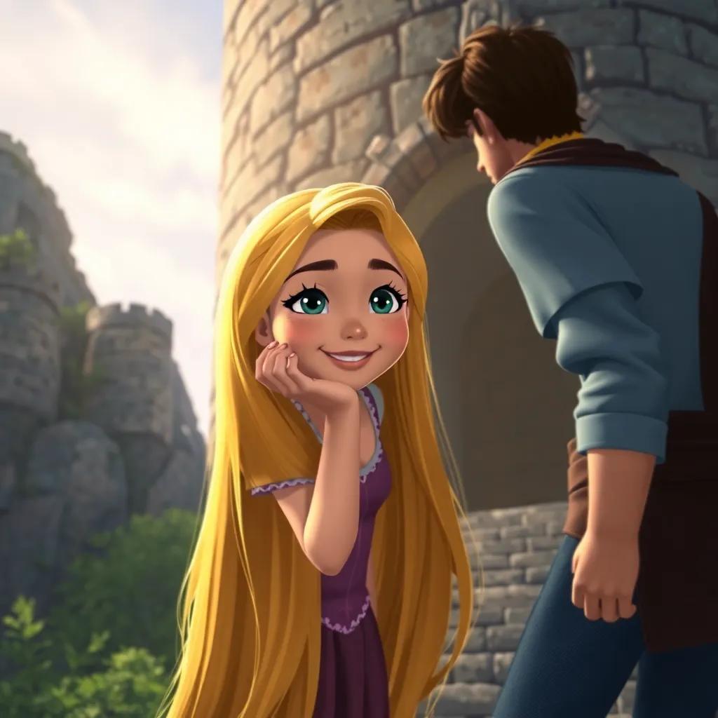 Rapunzel, a young girl with long golden hair, whispering to the prince as they sneak past the tower, joyful determination on her face, soft light illuminating their path, adventurous atmosphere, high quality