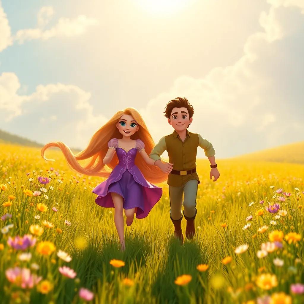 Rapunzel and the prince running through a sunlit field with wildflowers, their faces filled with happiness and freedom, golden sunlight shining down, cheerful and vibrant scene, high quality