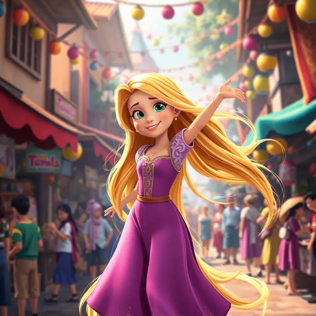 Rapunzel, a young girl with long golden hair, twirling in a village full of joyful people, colorful market stalls around, a sense of celebration and freedom, bright colors, high quality