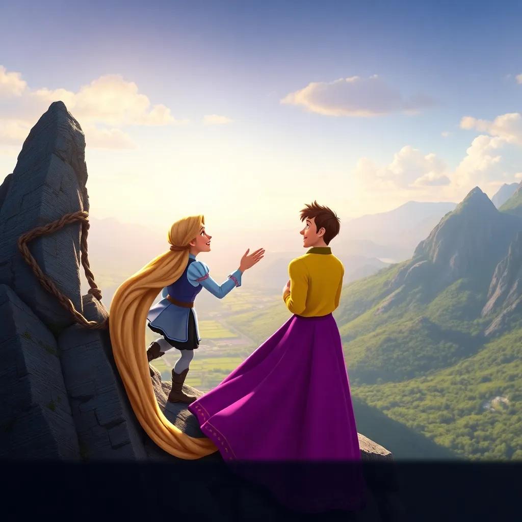 Rapunzel and the prince climbing a mountain, looking out at a beautiful landscape, both smiling with excitement, representing adventure and new beginnings, vibrant colors, high quality